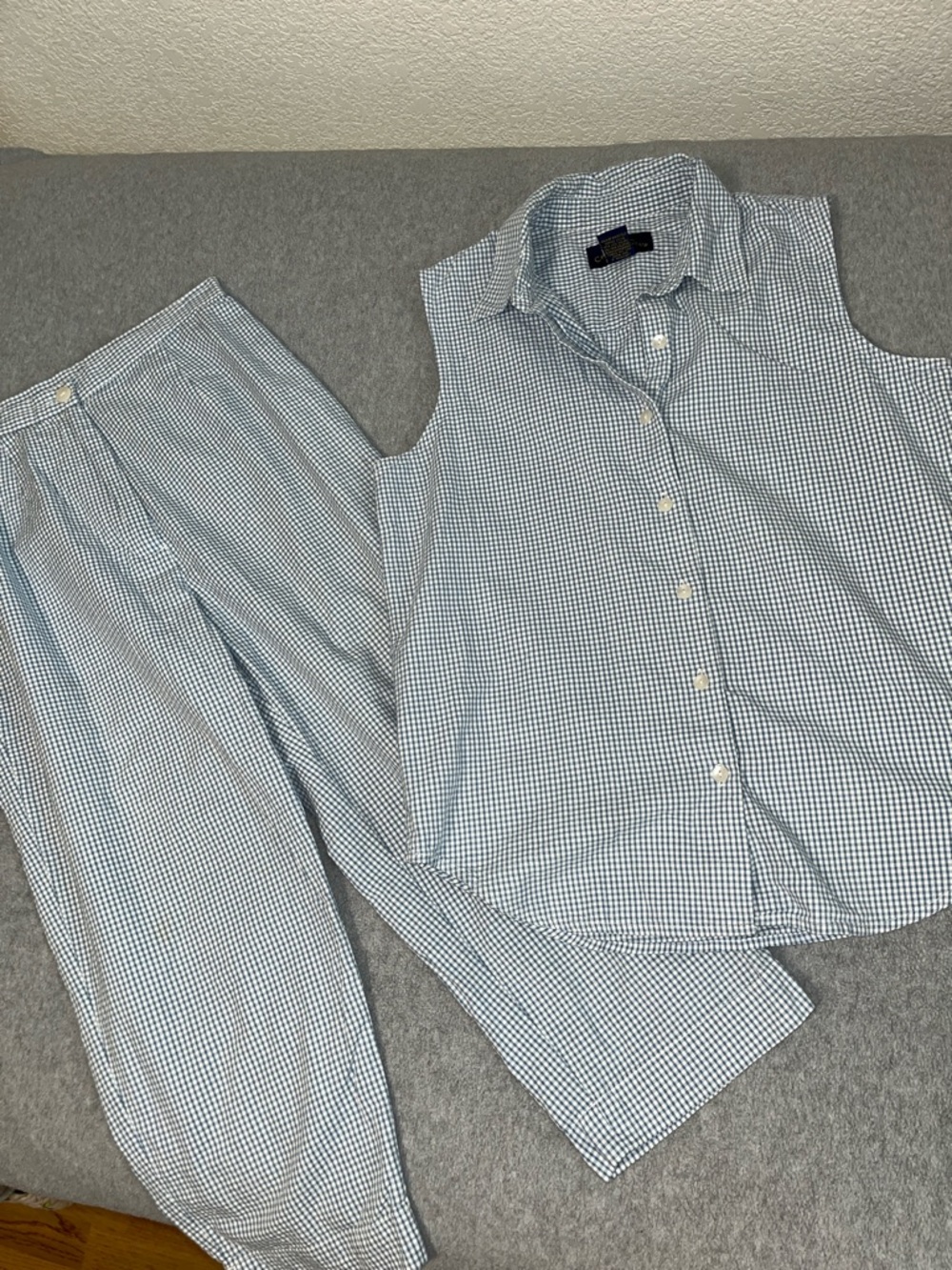 Womens Vintage Gingham Pants Set Small Petite Preppy Coastal Sleeveless Capri